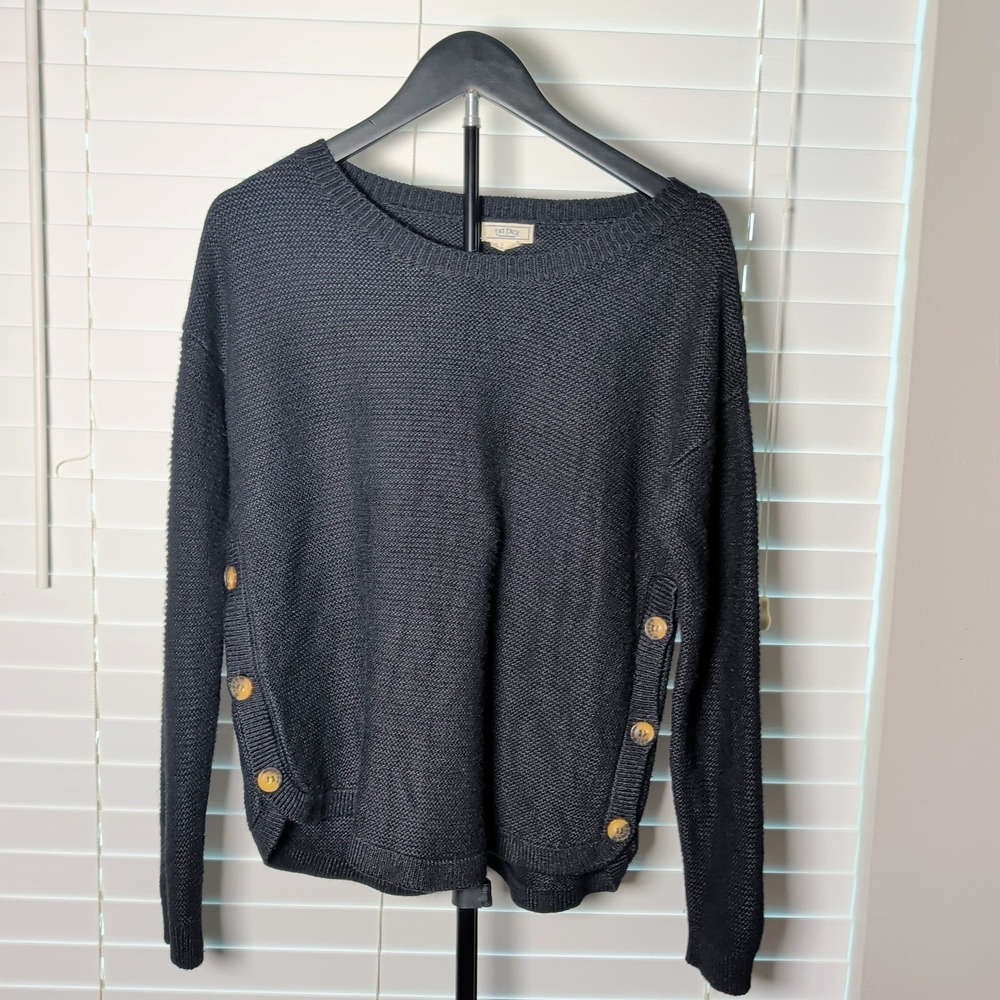 Fat Face Sweater Women 6 Black Side Button Textured Knit Crew Neck Excellent